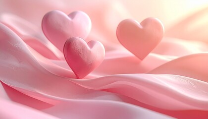 Three tender pink hearts nestled gracefully on delicate, flowing satin fabric, bathed in a soft, warm light, evoking feelings of love, romance, and gentle affection for a romantic celebration