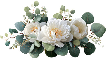 Floral arrangement featuring ivory peonies and eucalyptus leaves, transparent background