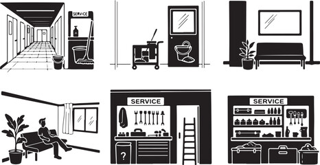 Black and white illustrations of various service industry settings