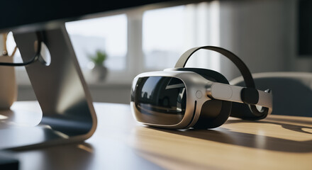 Futuristic Mixed Reality VR Headset on a Wooden Office Desk Next to a Computer Monitor Stand. High-end Virtual Reality Gear for Metaverse, AR, and Future Digital Workspace Technology.
