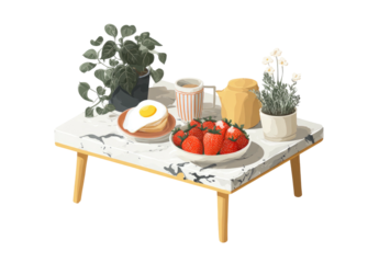Cozy breakfast scene with a marble table, food, plants, and a warm beverage