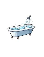 A cartoon depiction of a clawfoot bathtub with suds and a showerhead above