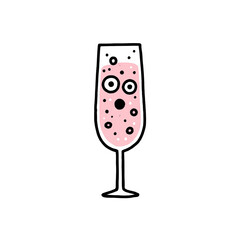 Cartoon champagne flute with pink bubbly liquid and surprised, cartoonish facial features