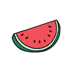 A cartoon watermelon slice featuring vibrant red flesh, black seeds, and a green rind on black background