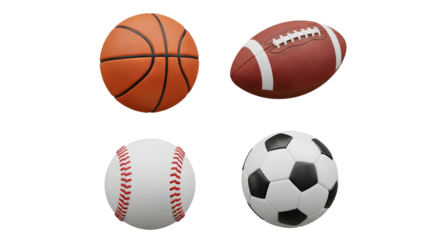 Set of four popular sports balls including basketball, football, baseball, and soccer ball isolated on white background