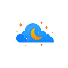 Animated cartoon image with a smiling crescent moon, stars and clouds, on a dark background
