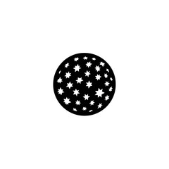 A stark black background with a spherical shape composed of white, multi-pointed star figures