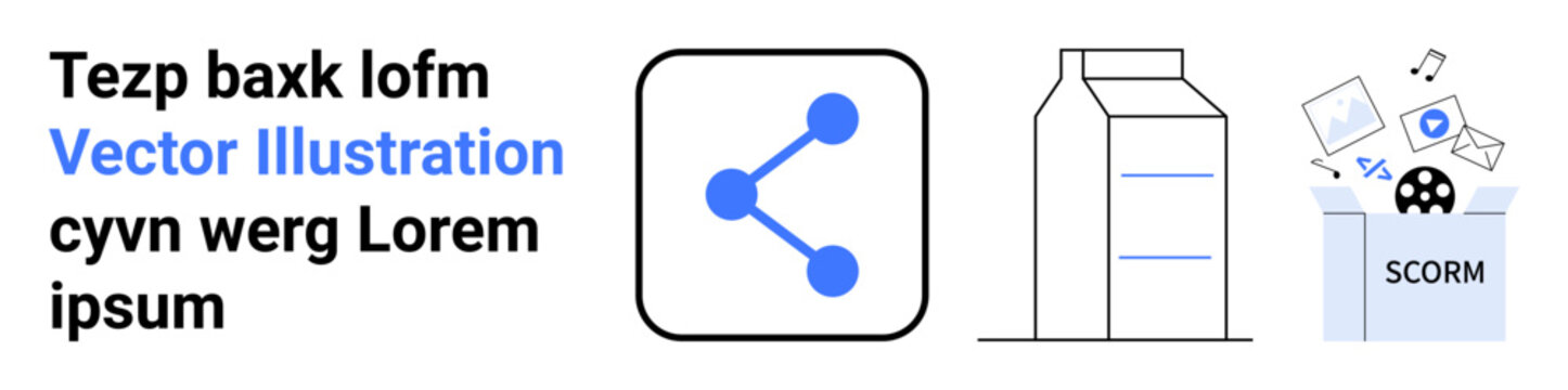 Digital tools, education technology, digital transfer, content packaging, digital sharing, e-learning. Share icon, milk carton SCORM box visuals. Digital tools and education technology