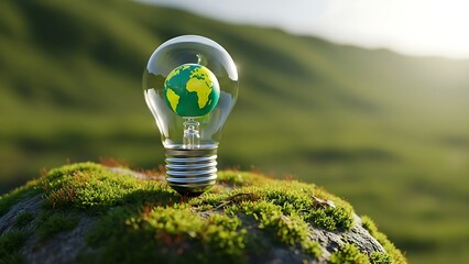 Eco friendly light bulb with earth on mossy rock outdoors