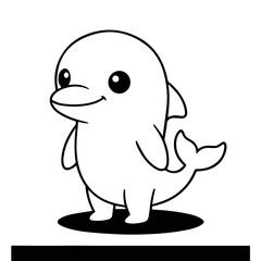 Fototapeta premium vector A charming and cute cartoon dolphin stands upright with a friendly smile, its large eyes sparkling with innocence, rendered in a clean black and white outline style.