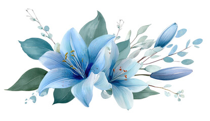 Delicate watercolor arrangement of blue lilies, green leaves, and buds on a black background © Berkah