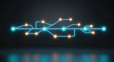 A glowing blue network diagram with orange nodes on a dark background