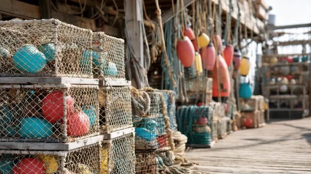 Colorful Lobster Traps and Buoys in a Coastal Harbor