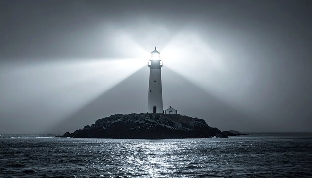 Lighthouse beams guide misty night, solitary beacon on rocky island, shining through fog, serene atmosphere, navigation safety, hope and solitude, tranquil seascape.