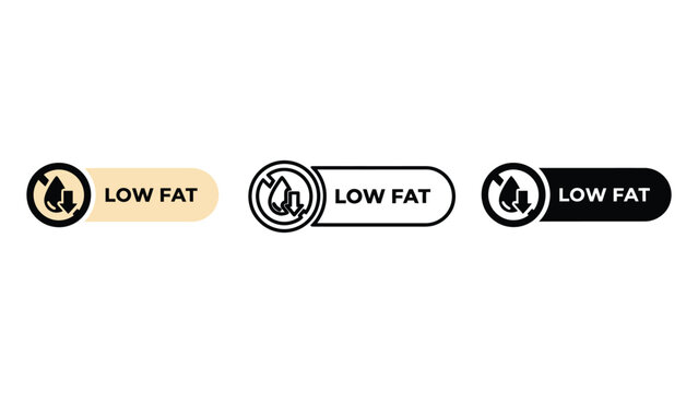 Three low fat labels with different design styles on a white background