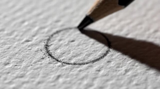 Macro close-up of a pencil drawing a graphite circle on rough textured white paper