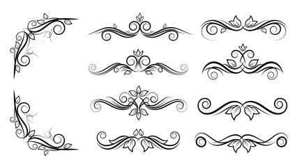 Collection of ornate black floral and scroll corner and divider designs with leaves and swirls