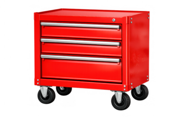 Red metal toolbox cabinet on wheels providing portable storage and organization for tools in a workshop garage