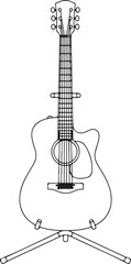 Naklejka premium Simple line art drawing of an acoustic guitar, also known as a folk or string instrument, with a capo on its neck, standing on a white background using a guitar stand