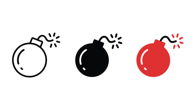 A set of colorful bomb icons in different stages of explosion on white background