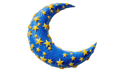 A vibrant, textured blue crescent moon adorned with scattered golden yellow stars, isolated