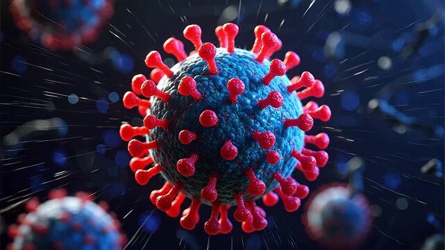 Virus cell with red spikes on blue surface