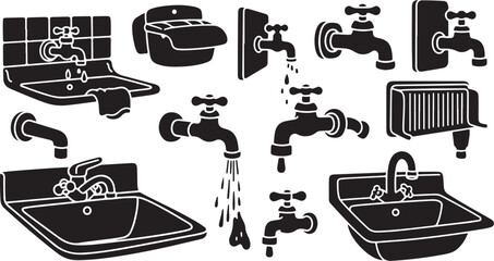 Black and white bathroom fixtures and plumbing icons set