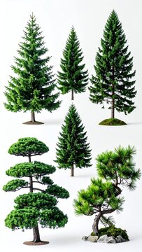 Collection of Diverse Evergreen Trees and Bonsai Plants on White Background.