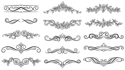 Collection of black ornate decorative dividers with floral and scroll motifs