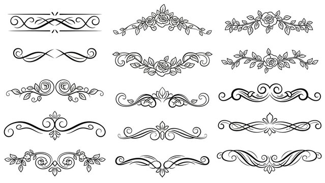 Collection of black ornate decorative dividers with floral and scroll motifs