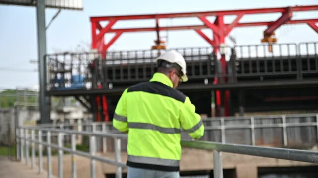 A specialist engineer is inspecting for defects in the wastewater treatment system.