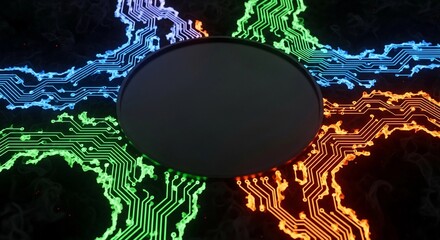 A colorful circuit board design with a large gray circle in the center
