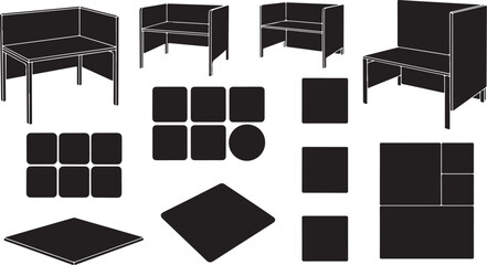 Modular black furniture components and shapes on white background