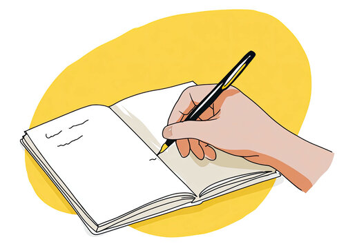 A hand holding a pen writes in a blank, open book against a textured yellow background