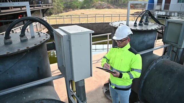 A specialist engineer is inspecting the overall functioning of the system within the wastewater treatment plant.