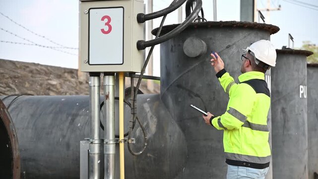A specialist engineer is inspecting the operation of a water filter in a wastewater treatment plant.