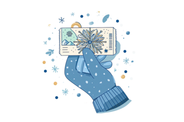Hand in a blue mitten holding a wintry ticket amidst a snow flurry