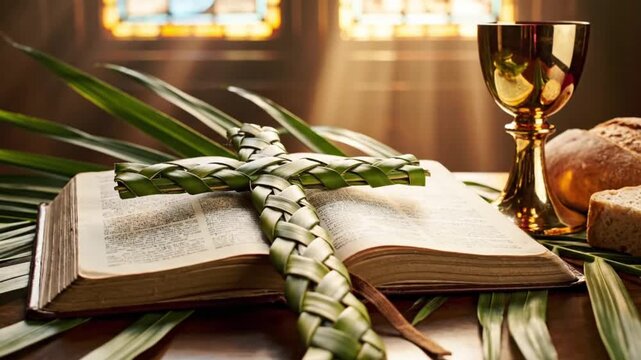 Palm Sunday still life with woven palm cross on open Bible golden chalice and bread in church sunlight for Holy Week and Easter
