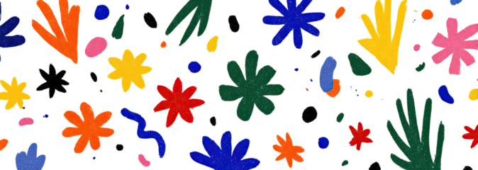 Colorful, abstract illustration with hand-drawn shapes. Flowers and leaves on a black background
