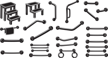 Collection of black metal rods and stool parts illustration