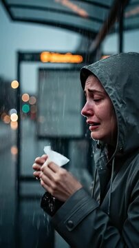 Sad Young Man in Rainy Weather at Bus Stop Expressing Distress and Isolation