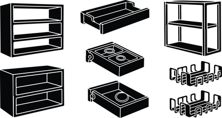 Black and white shelving units and stove illustrations