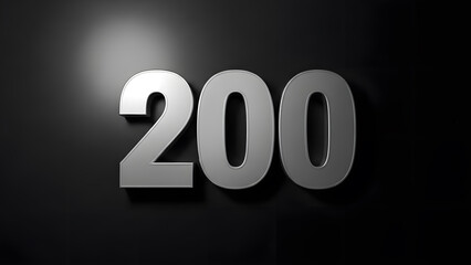 A bold silver metallic three dimensional representation of the number two hundred against a dark textured background