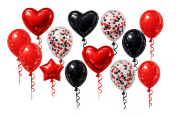 Holiday party balloons floating, featuring red, black, heart, star, and confetti shapes with ribbons on transparent background