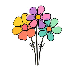 A vibrant, cartoon bouquet features five colorful flowers with black outlines against a dark background