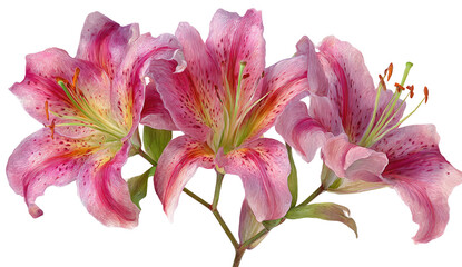 A close-up view of a cluster of pink, speckled lilies with green stems and leaves, set against black © Faki