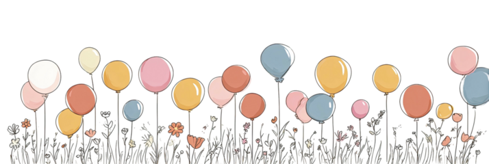 A whimsical illustration with colorful balloons floating above a field of stylized flowers and foliage