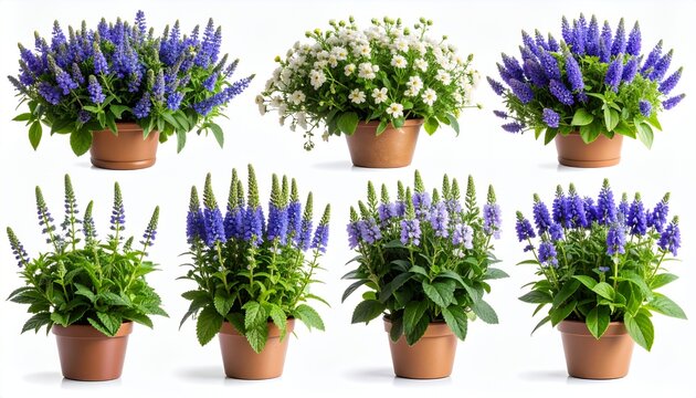 Collection of Potted Veronica Spicata and White Bacopa Plants on White Background.