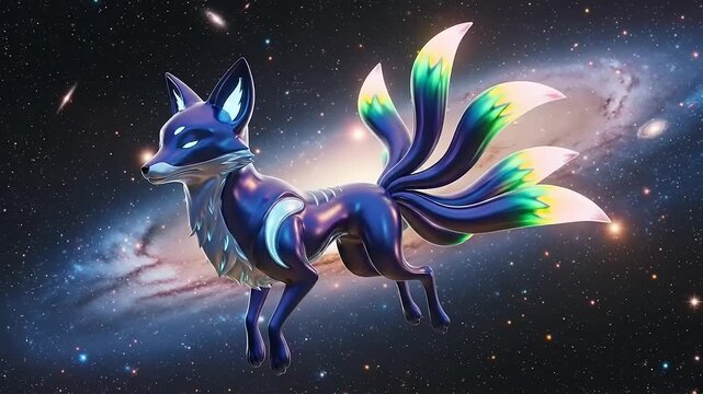 Mystical NineTailed Fox Creature in Cosmic Galaxy Background.