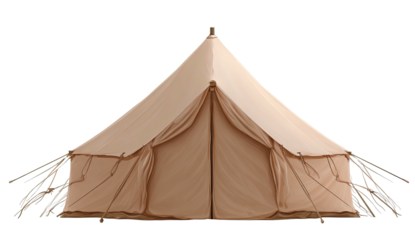 Large beige canvas tent isolated on a black background, perfect for camping